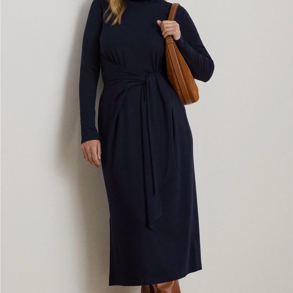 Lauren Ralph Lauren turtleneck tie waist long sleeve rib cotton blend mid dress